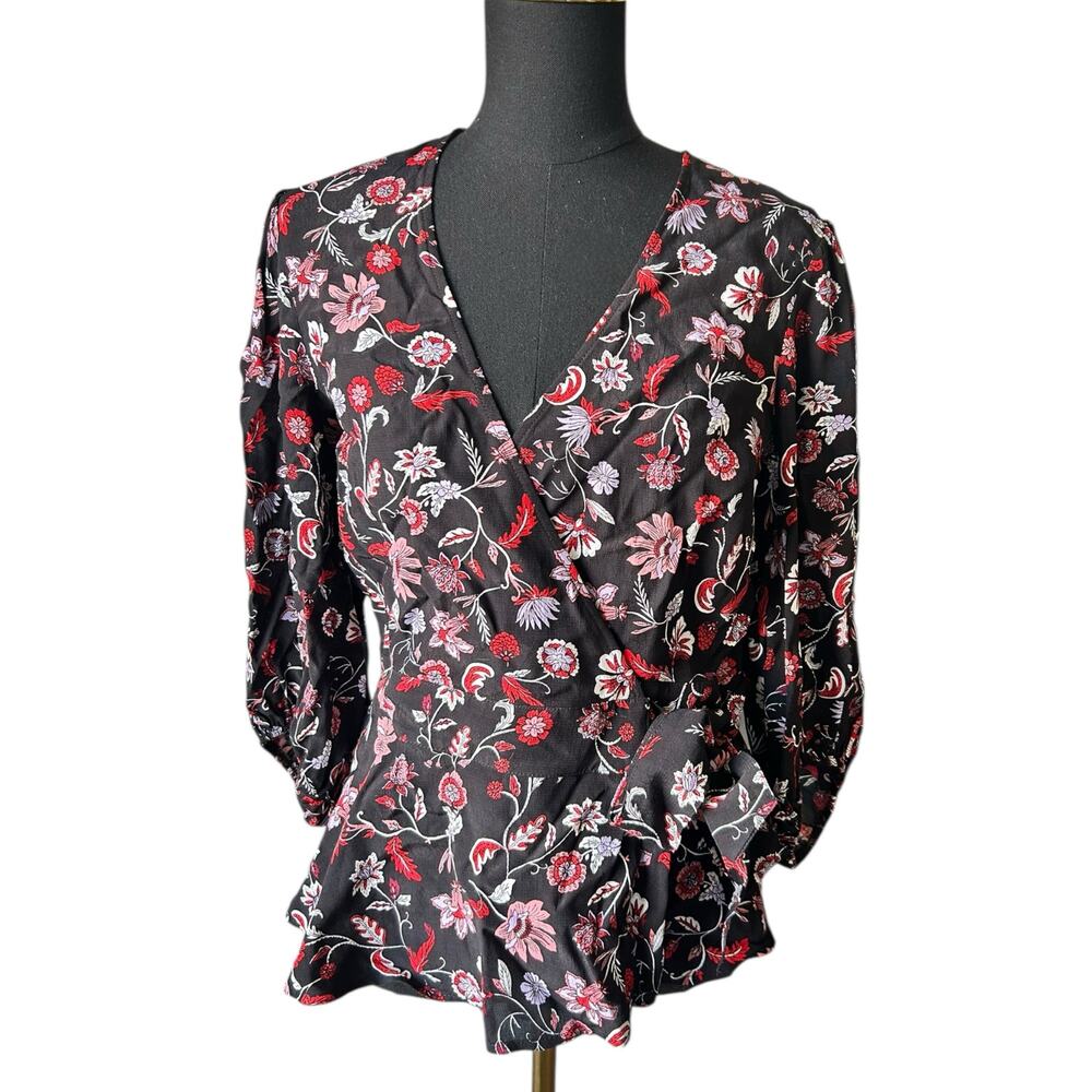 Banana Republic Women’s Black Floral Wrap Peplum Top V-Neck Size Small